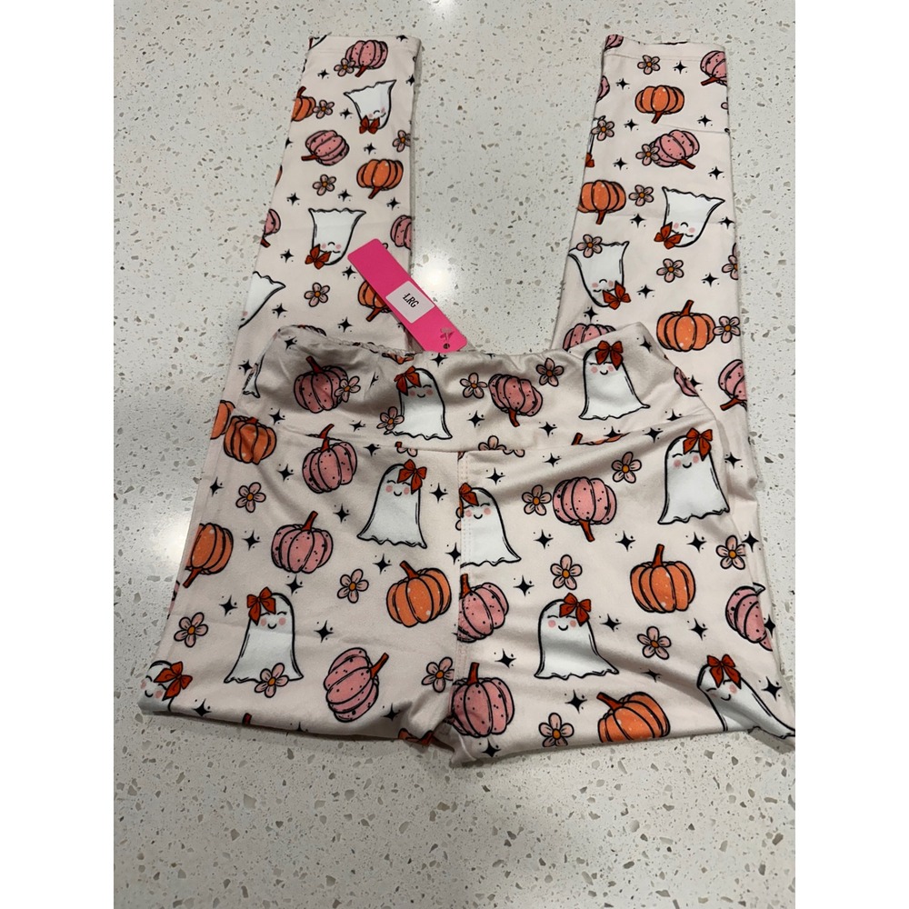 Kids Halloween Ghost and Pumpkin Print Leggings Pink Orange L/XL
